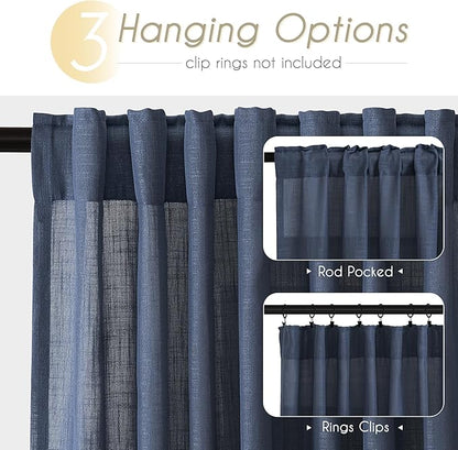 Navy Blue Curtains 84 inch Length for Bedroom Back Tab Light Filtering Semi Sheer Blue Living Room Curtains Linen Cotton Textured Indigo Blue Drapery Panel Modern Aesthetic Decor 60" Wx84 L