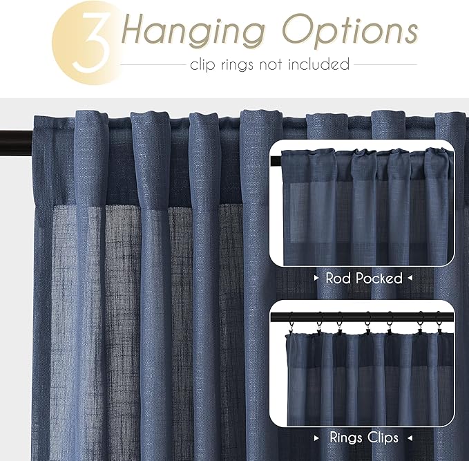 Navy Blue Curtains 96 inch Length for Bedroom Back Tab Light Filtering Semi Sheer Blue Living Room Curtains Linen Cotton Textured Indigo Blue Drapery Panel Modern Aesthetic Decor 42" Wx96 L
