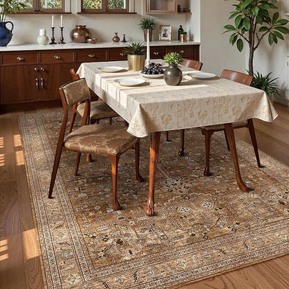 Washable Area Rug 9' x 12' Vintage Traditional Persian Mat - Foldable Distressed Non-Slip Machine Washable Carpet for Living Room Bedroom Kitchen Home Decor - Bronze and Ivory