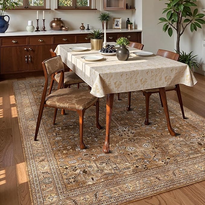 Washable Area Rug 3' x 5 ' Vintage Traditional Persian Mat - Foldable Distressed Non-Slip Machine Washable Carpet for Living Room Bedroom Kitchen Home Decor - Bronze and Ivory
