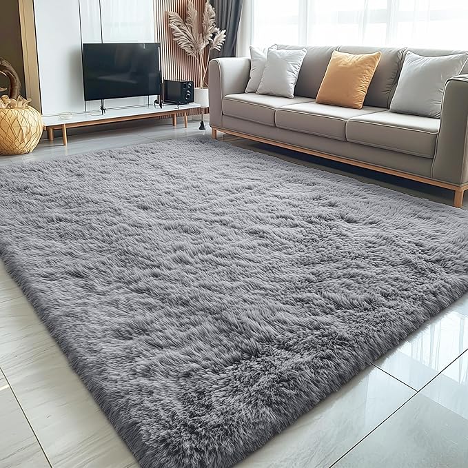 OLANLY 5x7 Machine Washable Large Area Rugs for Living Room, Bedroom, Soft Fluffy Shaggy Bedside Rug, Indoor Floor Carpet for Kids Girls and Boys, Dorms, Nursery, Home Decor Aesthetic, Light Grey