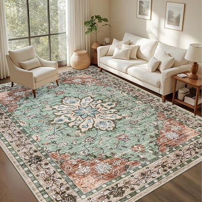 Area Rugs 10x14 Living Room Rug: Washable Rug Soft Vintage Distressed Floral Carpet Indoor Non-Slip Stain Resistant Large Carpets for Bedroom Dining Room Farmhouse Nursery Home Office Brown Green