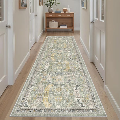Madane Runner Rug 2'6''x8' Kitchen Runner, Hallway Runner Printed Vintage Washable Rugs Soft Non-Slip Low Pile 2.5x8 ft Runners for Hallways Laundry Room Rug Distressed Rug, Green/Gold