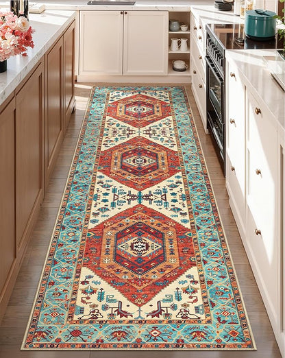 SERISSA Boho Washable Runner Rug, 2'6"x8' Rug Runner Non-Slip Vintage Orange Hallway Kitchen Runner Rug Ultra Soft Print Distressed Tribal Floor Carpet Runner for Bedroom Bathroom Laundry Room