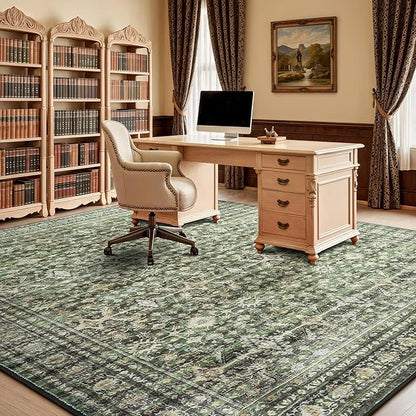 Lofus 9x12 Area Rug for Living Room,Green Washable Large Rugs with Non-Slip Backing,Soft Boho Carpets for Bedroom Dining Room Home Office Indoor Nursery