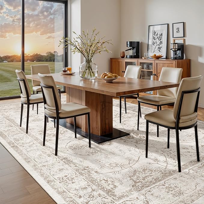 Madane 8x10 Area Rugs for Living Room, Machine Washable Vintage Rug with Non-Slip Backing, Soft Floral Print Large Throw Rugs, Thin Carpet for Bedroom Dining Room Farmhouse (8 x 10, Brown/Ivory)