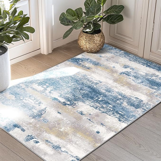 BEIMO 2x3 Rugs for Entryway Entrance Kitchen Bathroom, Machine Washable Modern Abstract Soft Area Rug, Indoor Floor Carpet with Non Slip Rubber Backing, Blue Cream