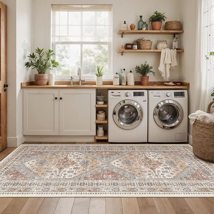 3x8 Runner Rug Non Slip Washable for Entryway, Front Porch, Vintage Hallway Runner for Laundry Room, Bedroom, Stain Resistant Thin Indoor Kitchen Mats for Floor(Orange,3'x8')