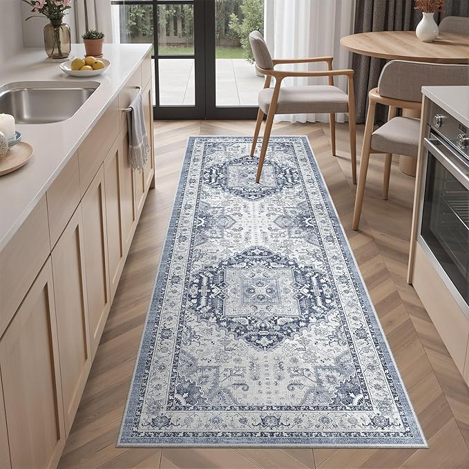 Madane Washable Runner Rug 2x6, Ultra-Thin Non-Slip Non-Shedding Hallway Runner, Stain Resistant Kitchen Mat Entryway Carpet Runner, Vintage Pet Friendly Low Pile Runners (2x6ft, Navy/White)
