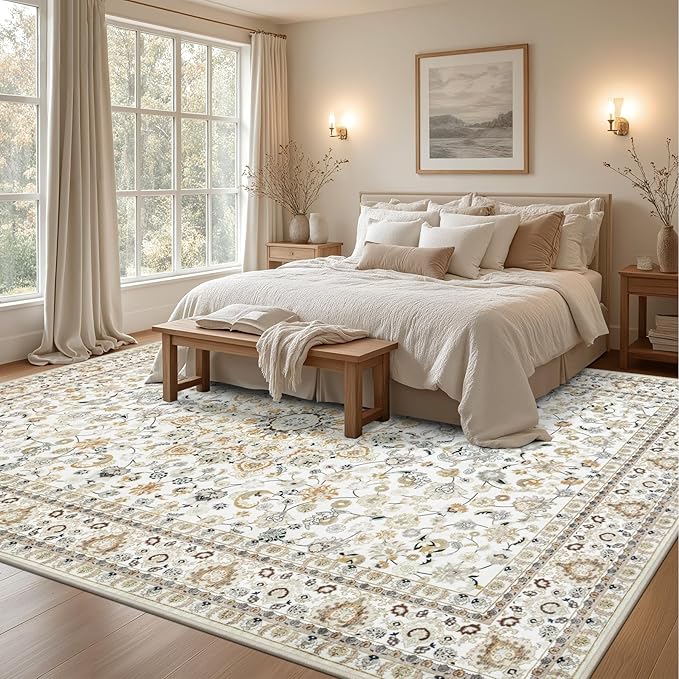 8x10 Area Rugs for Living Room: Washable Rug Soft Vintage Boho Carpet Indoor Floor Non-Slip Stain Resistant Floral Large Carpets for Bedroom Dining Room Farmhouse Nursery Home Office Beige