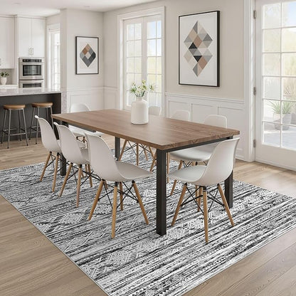 Nakagishi Area Rug Living Room Rugs: 7X9 Machine Washable Boho Large Neutral Farmhouse Stain Resistant Moroccan Indoor Floor Carpet for Bedroom Nursery Dorm Dining Room Home-White Black