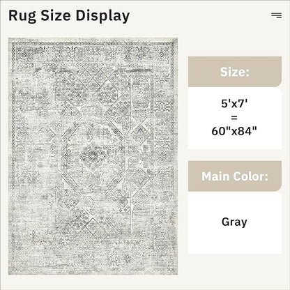 5x7 Area Rugs Grey Low Pile Indoor Washable Trendy Faded Style Floral Rugs for Bedroom Living Room Dining Room Foldable Non-Slip Thin Print Mat