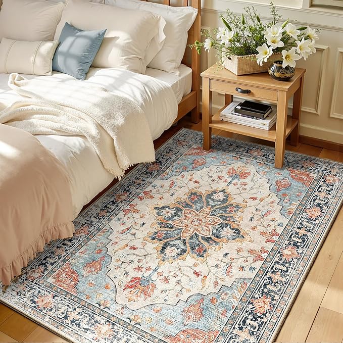 RELEANY Area Rugs 3'x5' Washable Non-Slip, Floral Vintage Distress Print Pattern Medallion Carpet for Living Room Bedroom Dining Room, Beige Navy Blue Orange Colorful