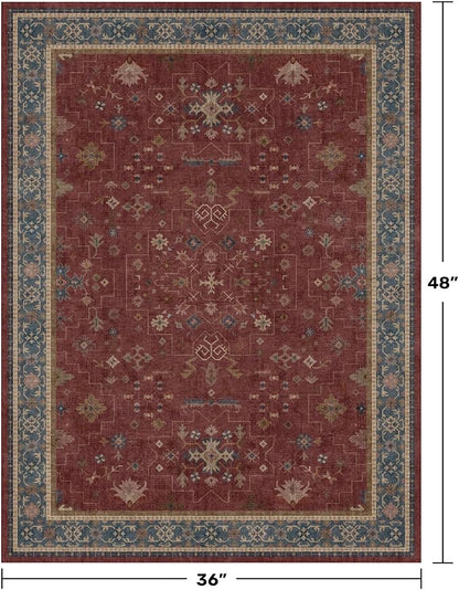 Washable 3x4 Rugs for Entryway - Burgundy Large Kitchen Rug, Non Slip Inside Door Mats for Home Entrance, Unique Bohemian Red Low Pile Thin Carpet for Bedroom Bedside, Foyer