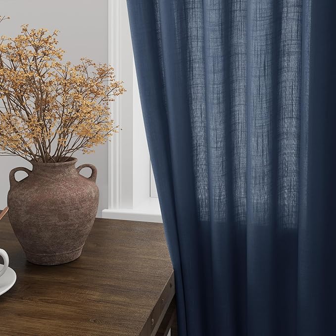 Denim Blue Linen Curtains 84 Inch Length 2 Panels Set for Living Room Rod Pocket Back Tab Light Filtering Window Drapes for Bedroom Dining Room Protect Privacy Country Farmhouse Decor 52x84