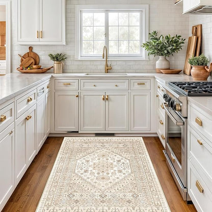 3x5 Washable Area Rug for Entryway, Kitchen Rugs Non Slip for Dining Room, Vintage Floral Soft Living Room Rug, Thin Area Rug Indoor for Bedroom, Kids Room Decor(Cream/Beige,3'x5')