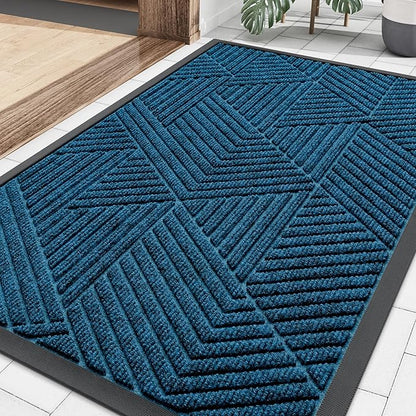 Smiry Front Door Mat Outside Entrance, Heavy Duty Sturdy Natural Rubber Doormat, Trap Dirt and Moisture, Easy Clean Low Profile Mats for Indoor Outdoor Entry, Irregular Triangle (29.5x17, Mixed Blue)