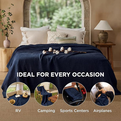 Bedsure 100% Cotton Muslin Blanket Queen Size for Bed - 4-Layer Breathable and Lightweight Thin Soft Summer Gauze Muslin Blankets for Adults, Navy Blue, 90x90 Inches