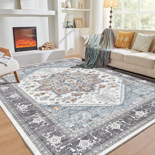 OPPODREAM Soft Area Rugs 5x7, 5x7 Washable Rug with Non Slip Backing, 5 x 7 Faux Cashmere Low-Pile Carpet, Grey & Teal & Yellow