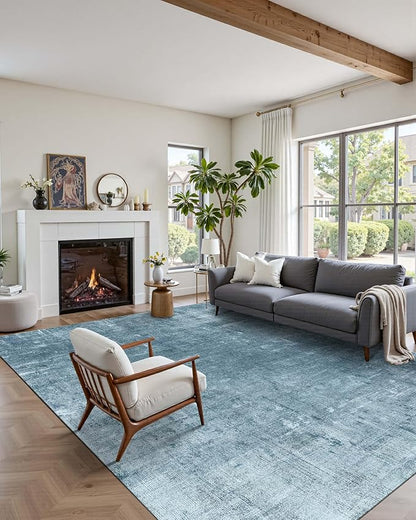 Latte&Fog 6x9 Area Rugs for Living Room Bedroom, Blue Modern Abstract Neutral Washable Rug, Boho Non Slip Low Pile Carpet for Dining Room, Dorm, Classroom, College Dorm, Farmhouse and Kids Room - Blue