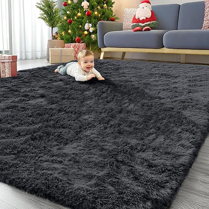 OLANLY 8x11 Machine Washable Large Area Rugs for Living Room, Bedroom, Soft Fluffy Shaggy Bedside Rug, Indoor Floor Carpet for Kids Girls and Boys, Dorms, Nursery, Home Decor Aesthetic, Black