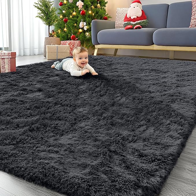 OLANLY 10x11 Machine Washable Large Area Rugs for Living Room, Bedroom, Soft Fluffy Shaggy Bedside Rug, Indoor Floor Carpet for Kids Girls and Boys, Dorms, Nursery, Home Decor Aesthetic, Black