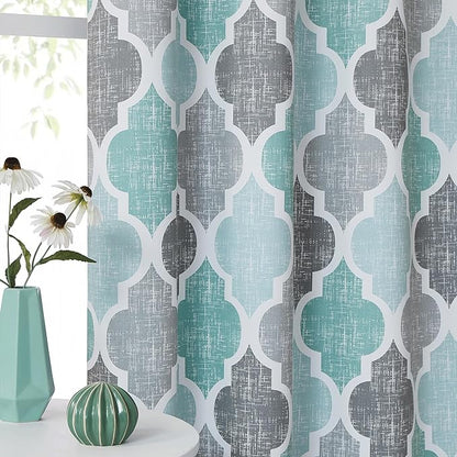 Beauoop 100% Blackout Curtains 63 Inches Long 2 Panels for Bedroom Living Room Aqua Grey Moroccan Geo Room Darkening Thermal Insulated Soundproof Grommet Top Window Treatments Drapes, 50x63 Set of 2