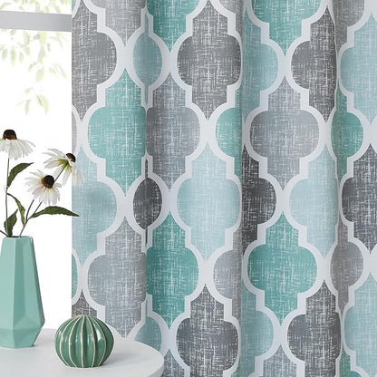 Beauoop 100% Blackout Curtains 84 Inches Long 2 Panels for Bedroom Living Room Aqua Grey Moroccan Geo Room Darkening Thermal Insulated Soundproof Grommet Top Window Treatments Drapes, 50x84 Set of 2