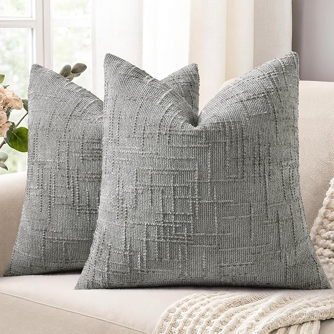 decorUhome Neutral Grey Chenille Throw Pillow Covers 18x18 Set of 2 Textured Soft Cozy Slubby Couch Pillow Covers Modern Farmhouse Boho Decorative Pillow Cases for Bed Sofa Living Room