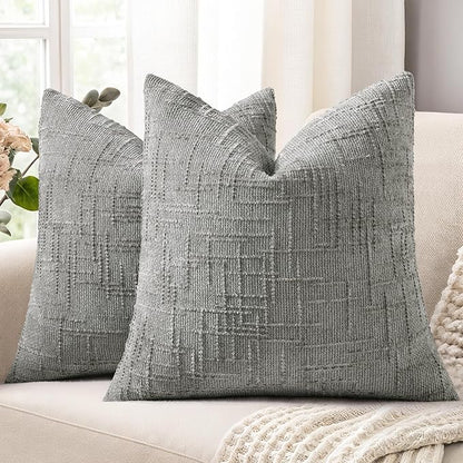 decorUhome Neutral Grey Chenille Throw Pillow Covers 18x18 Set of 2 Textured Soft Cozy Slubby Couch Pillow Covers Modern Farmhouse Boho Decorative Pillow Cases for Bed Sofa Living Room