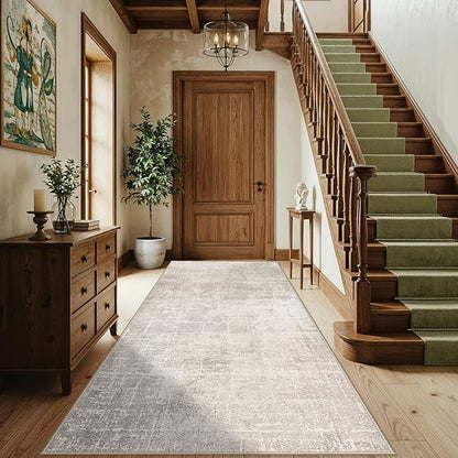 Washable 4x8 Hallway Area Rug: Abstract 8ft Water Resistant Soft Entry Kitchen Runner Rug Non-Slip Low Pile Carpet for Living Room Bedroom Thin Floor Mat for Bathroom Dining Room(4x8，Beige/Cream)