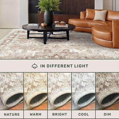 Washable Neutral Farmhouse Living Room Rug, 6x9 Area Rugs for Bedroom, Dining Room Under Table Carpet, Kids Room, Large Boho Vintage Non-Slip Floral Rugs Low Pile Stain Resistant (6x9 Beige/Latte)