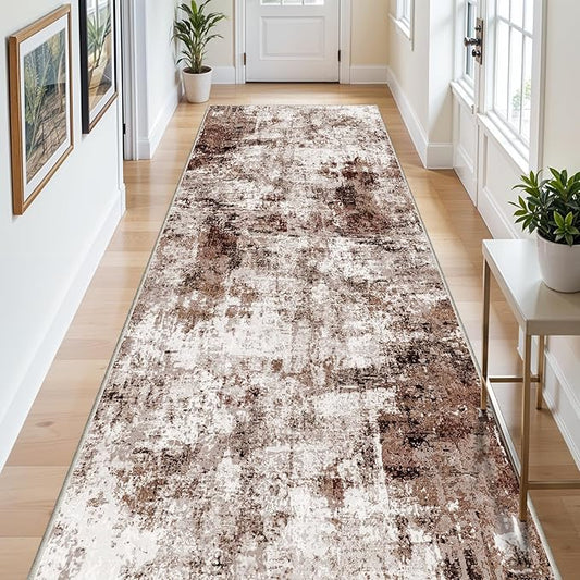 4x8 Wide Washable Runner Rug: Easy-to-Clean Runners for Hallway Entryway Kitchen Bedroom Living Room - Stain and Water Resistant Rugs with Non-Slip Backing - Soft Low-Pile Carpet Brown Khaki White