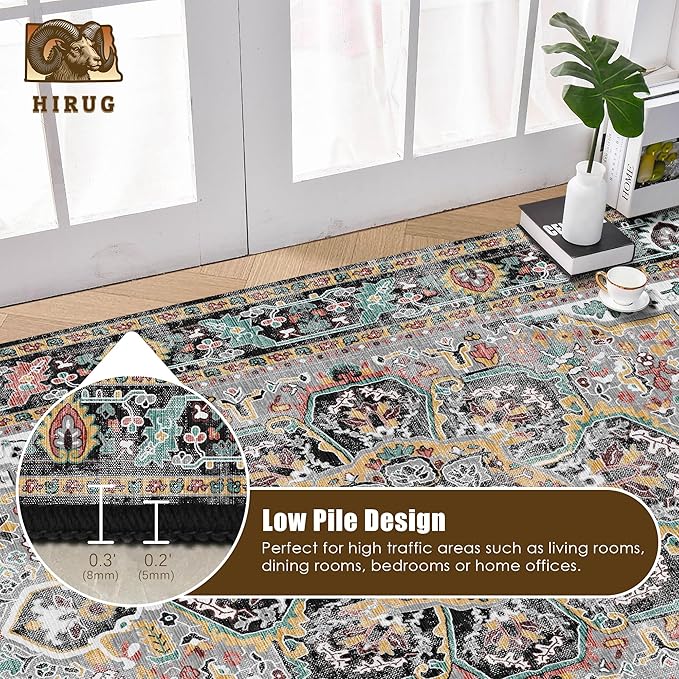 Washable Area Rug 3' x 5 ' Vintage Traditional Persian Mat - Foldable Distressed Non-Slip Machine Washable Carpet for Living Room Bedroom Kitchen Home Decor - Slate and Multicolor