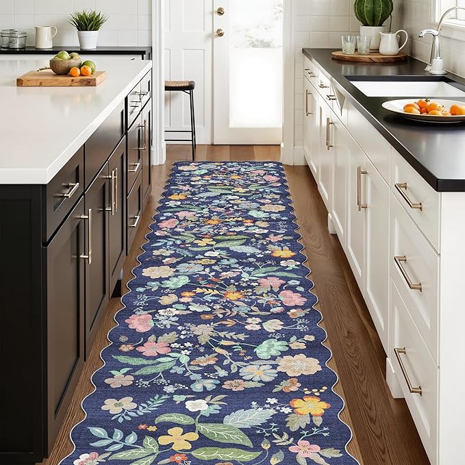 Washable 2'6x12 Hallway Runner Rug: Entryway Non Slip Floral Rug Farmhouse Soft Stain Resistant Carpet for Kitchen Bathroom Bedroom Low Pile Pet Friendly Floor Mat for Living Room(2'6x12/Purple)