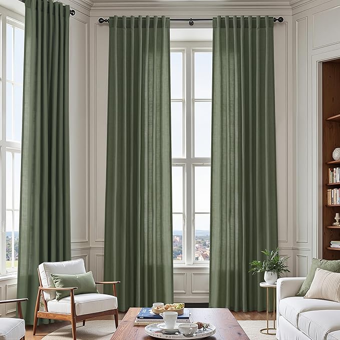 138 Inch Extra Long Curtain for Floor to Ceiling High Window Olive Green Linen Back Tab Curtains for Living Room Filtered and Breathable Semi Sheer Drapes Modern Farmhouse Boho Decor 52x138,2PCS