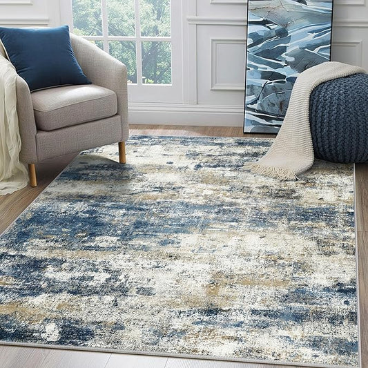 Area Rugs 5x8 for Living Room Bedroom, Modern Abstract Machine Washable Rug, Large Soft Low Pile Floor Carpet with Non Slip Backing for Dining Room, Navy Blue Beige