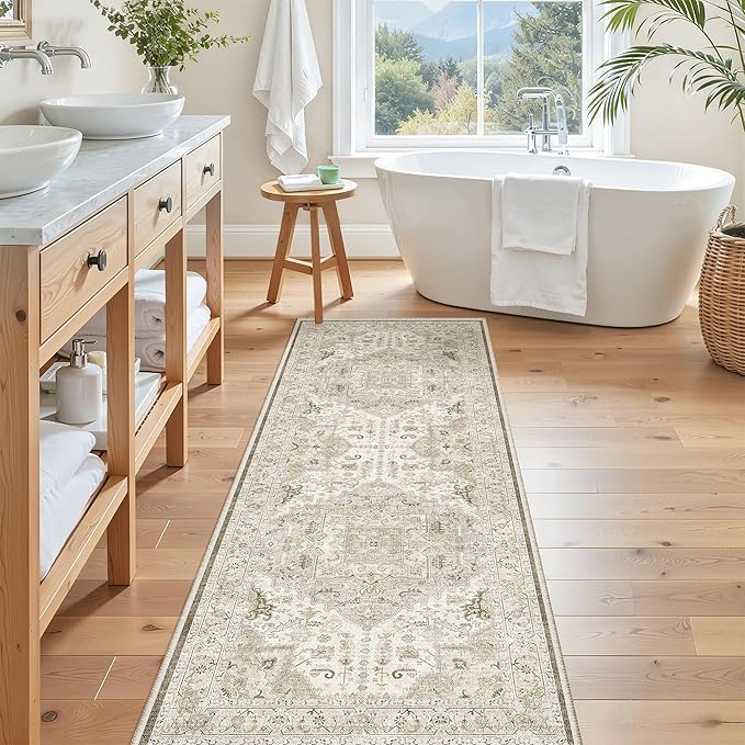 Madane Hallway Runner Rug - 2x5 Rug Runner Washable Runner Rugs Non-Slip Low-Pile Kitchen Runner Rug Laundry Room Rug Throw Carpet for Entrance Bedroom Living Room (2'x5', Ivory/Brown)