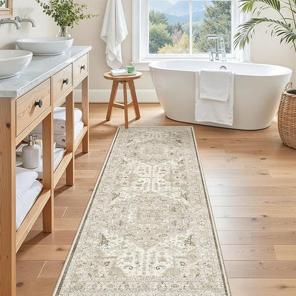 Madane Hallway Runner Rug - 2x5 Rug Runner Washable Runner Rugs Non-Slip Low-Pile Kitchen Runner Rug Laundry Room Rug Throw Carpet for Entrance Bedroom Living Room (2'x5', Ivory/Brown)