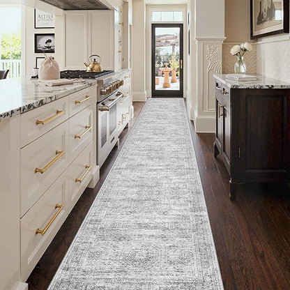 3x18 Washable Runner Rug for Hallway, Non-Slip Long Hallway Runner for Entryway, Soft Vintage Kitchen Mats for Floor, Abstract Dining Room, Bedroom, Living Room Rugs(3'x18', Grey/Ivory)