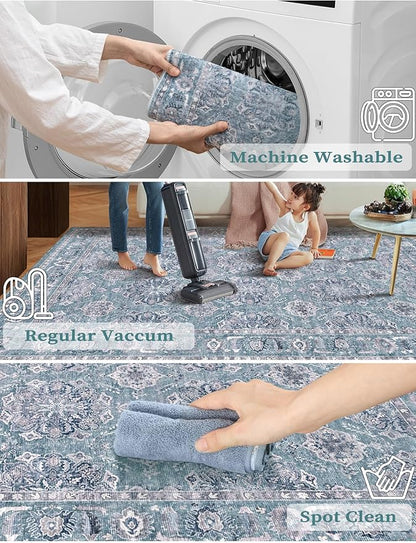 SERISSA Boho Washable Runner Rug, 2'6"x10' Long Non-Slip Vintage Floral Hallway Kitchen Stair Runner Rug Ultra Soft Print Distressed Blue Grey Floor Carpet for Bathroom Laundry Room