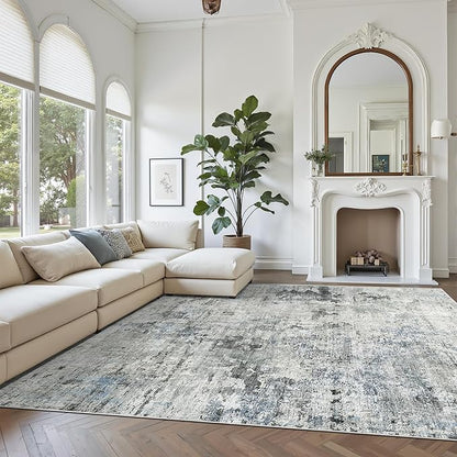 Abstract Rug 8x10 Large Living Room Rugs Neutral Modern Washable Area Rugs for Bedroom Dining Room Non-Slip Stain Resistant Foldable Thin Rug Gray Blue