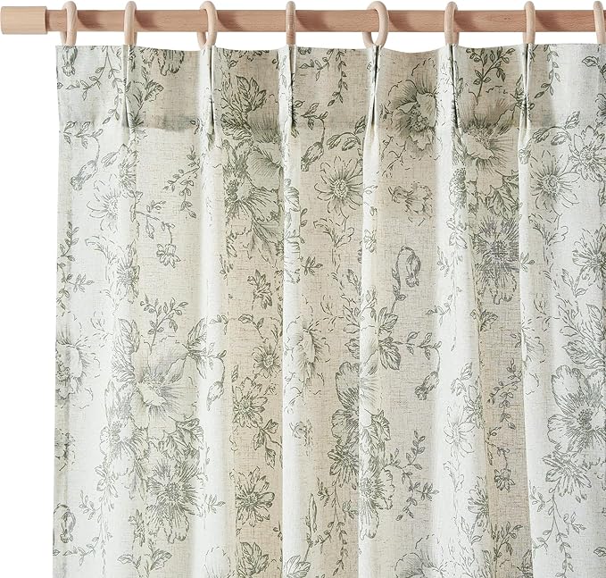 jinchan Pinch Pleated Curtains Floral Linen Blend Curtains for Living Room 96 Inches Length Green Peony Flower Printed Curtain Rod Pocket Back Tab Farmhouse Drapes with Hooks Set 2 Panels