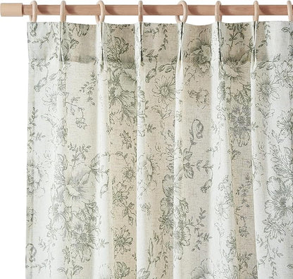 jinchan Pinch Pleated Curtains Floral Linen Blend Curtains for Living Room 96 Inches Length Green Peony Flower Printed Curtain Rod Pocket Back Tab Farmhouse Drapes with Hooks Set 2 Panels