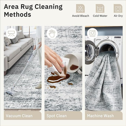 Soalmost 9x12 Area Rugs for Living Room, Non Slip Machine Washable Vintage Rugs, Low Pile Lightweight Large Rug for Bedroom, Dining Room, Home Office Grey