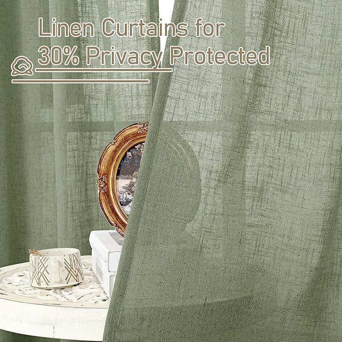 LAMIT 60 Inch Length Window Linen Curtains, Light Filtering Panels Back Tab and Rod Pocket Neutral Drapes for Bedroom/Living Room, Sage Green, 2 Panels, 34 x 60 Inch