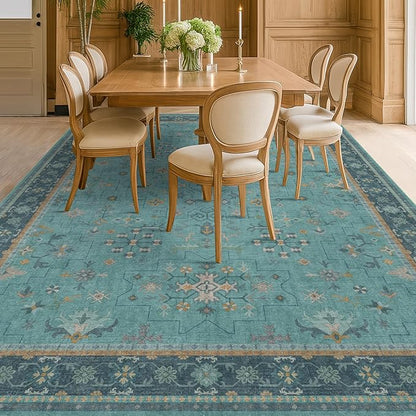 Boho 9x12 Large Teal Green Washable Living Room Rug - Vibrant Turquoise Rug for Bedroom Under Bed, Dining Room Under Table, Geometric Floral Low Pile & Soft Stain Resistant Carpet