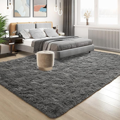 Tepook Fluffy Large Rugs for Living Room, Shag Area Rug 6x9 Soft Carpet for Bedroom, Modern Shaggy Rug for Kids Boys Girls, Plush Indoor Nursery Home Decor Rug with Non-Slip Bottom, Dark Grey