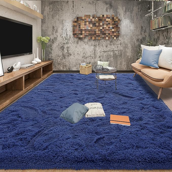 Tepook Fluffy Large Rugs for Living Room, Shag Area Rug 6x9 Soft Carpet for Bedroom, Modern Shaggy Rug for Kids Boys Girls, Plush Indoor Nursery Home Decor Rug with Non-Slip Bottom, Navy, 6 X 9 Feet
