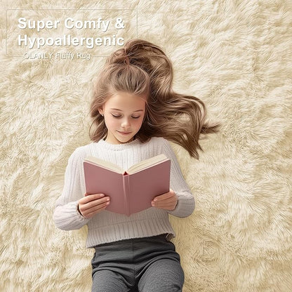 OLANLY Area Rugs for Living Room Bedroom, Machine Washable 4x5.9 ft Soft Fluffy Shaggy Bedside Rug, Indoor Floor Carpet for Kids Girls and Boys, Dorms, Nursery Rooms, Home Decor Aesthetic, Cream